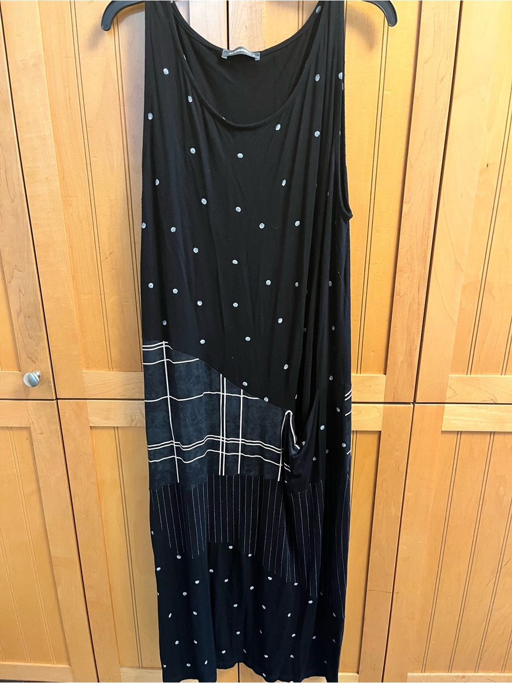 Alembika Black Polka Dot & Plaid Sleeveless Maxi Shift Dress